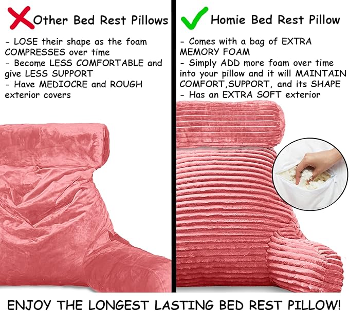 Homie Reading Pillow with Reading Light and Wrist Support, Has Arm Rests, and Back Support for Bed Rest, Lounging, Reading, Working on Laptop, Watching TV (Large, Pink)