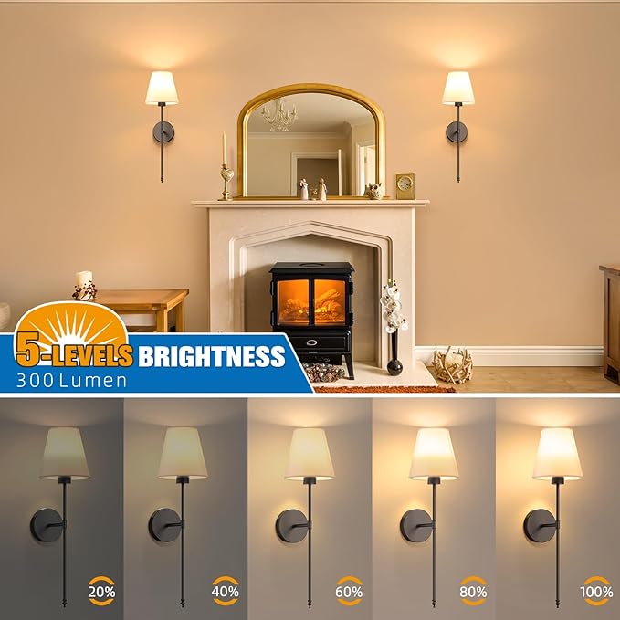 NIORSUN Battery Operated Wall Sconce Set of Two, Black Rechargeable Wall Sconces with Dimmable Detachable Bulbs and Remote, Wireless Wall Lights for Bedroom Living Room Hallway Home Decor