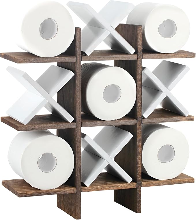 Weysat Tic Tac Toe Toilet Paper Holder Stand Bathroom Wall Decor Rustic Wooden Hanging Storage Freestanding Wall Mounted Shelves Decor for Toilet Tissue Farmhouse