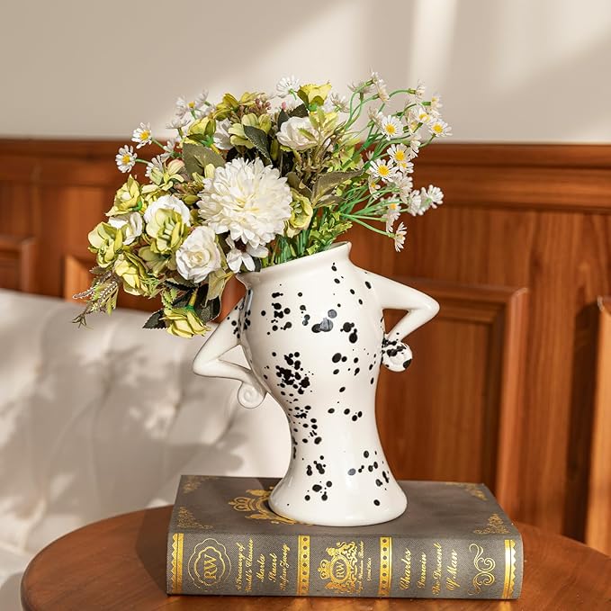 COTYNI Ceramic Vase with Attitude, Unique Flower Vase for Home Decor, Sassy Decorative Vase for Flowers, Cute Boho Vase for Bookshelf Decor, Vintage Quirky Electic Funky Decor for Living Room