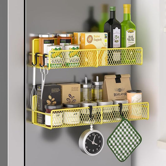 Magnetic Spice Rack for Refrigerator, 2 Pack 100% Metal Strong Magnet Shelf, Space Saving Spice Organizer W/ Hooks, Movable Magnetic Fridge Shelf, Kitchen Home Laundry Room Storage Organization,Yellow