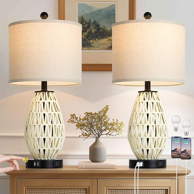 CINSARY Touch Control Rattan Table Lamps, 3 Way Dimmable Bedside Lamps for Bedroom Set of 2 with 2 USB Ports and AC Outlet, Wicker Nightstand Lamps for Living Room (LED Bulbs Included), White