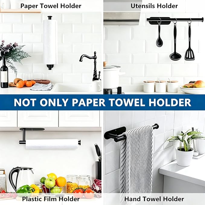 Paper Towel Holder Under Cabinet - Self Adhesive Paper Towel Roll Holder Wall Mount, Matte Black Stainless Steel Towel Paper Holder for Kitchen, Bathroom, Cabinets