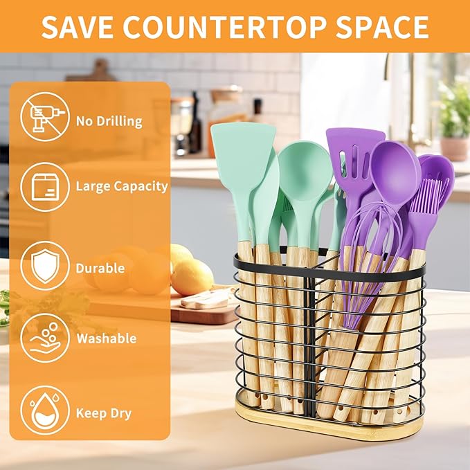 Utensil holder for Kitchen Counter- Large Utensils Holder For Farmhouse Cooking 8.7" x 4.3" x 6.9" with Wooden Base Matte Black Cooking Utensil Holder Spatula Holder Utensil Caddy