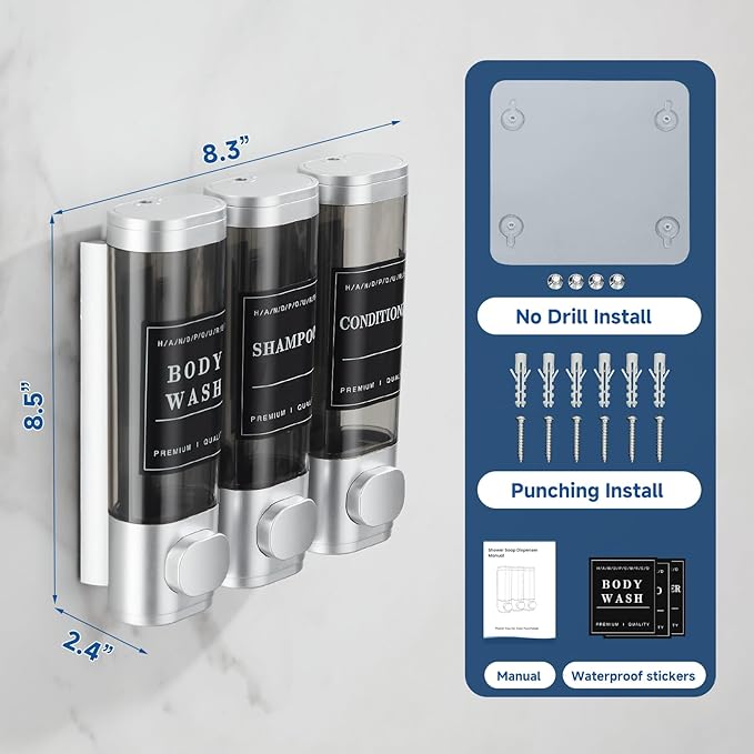 Shower Soap Dispenser Wall Mounted No Drill Shampoo Dispenser for Shower Wall Shampoo and Conditioner Dispenser Bathroom Hotel 3 * 300ml Sliver with Labels