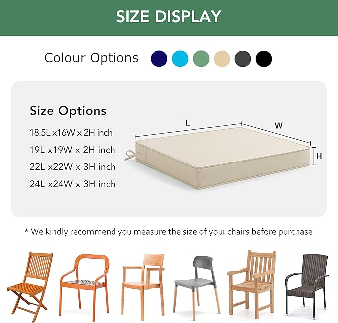 Outdoor Chair Cushions Set of 4: Waterproof & Fade Resistant Seat Cushion for Patio Furniture - 18.5 x 16 x 2 Inch Chair Pads with Ties and Hidden Zipper - Patio Chair Cushion Replacement, Beige