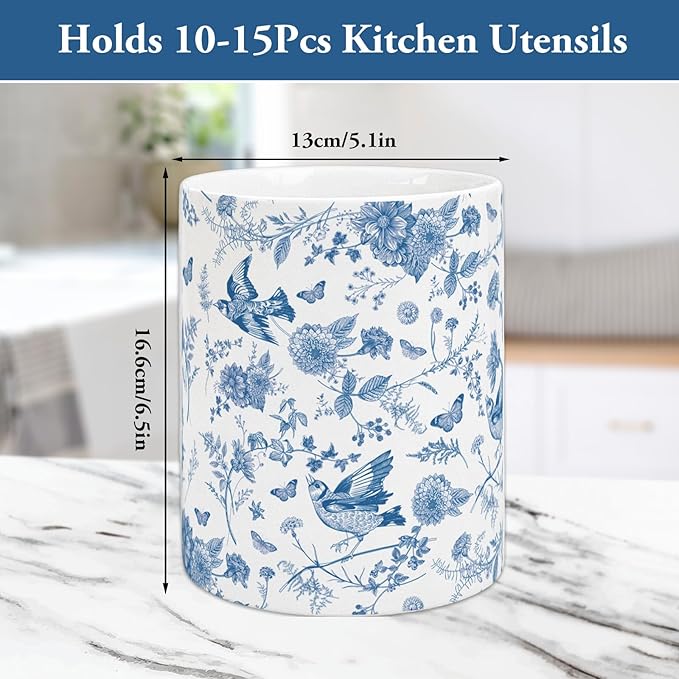 Whaline Blue Floral Ceramic Utensil Holder Vintage Chinoiserie Flower Bird Utensil Crock for Home Kitchen Countertop Storage Organizer Container