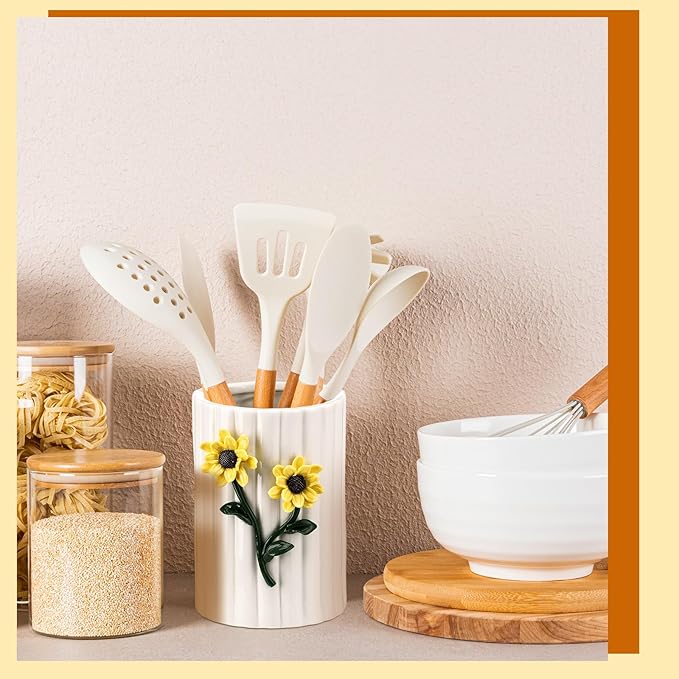 LemonRoad Ceramic Utensil Holder - 3D Sunflower Kitchen Decor, Countertop Cooking Tool Storage Crock for Spatulas, Whisks, Vase Decor Pen Holder for Gift