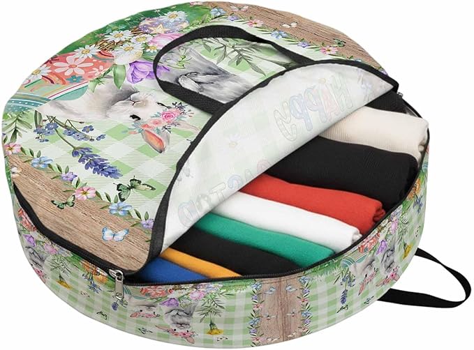 24 Inch Round Storage Bag 1 Pack,Easter Bunny with Colored Eggs in Basket Waterproof Wreath Storage Container with Handles&Zipper Farm Vines on Wood Plank Closet Organizer Bags Garland Box