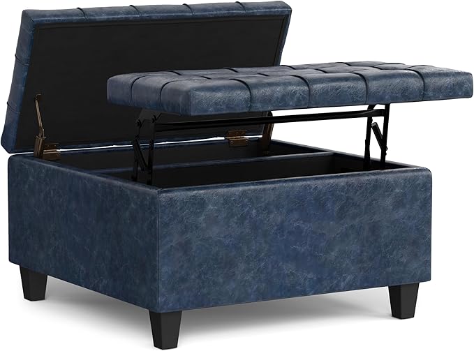 SIMPLIHOME Harrison Small Coffee Table Storage Ottoman - 30 inch Wide Upholstered Vegan Leather Square Lift-Top Ottoman in Denim Blue, Transitional Ottoman for Living Room with Hidden Storage