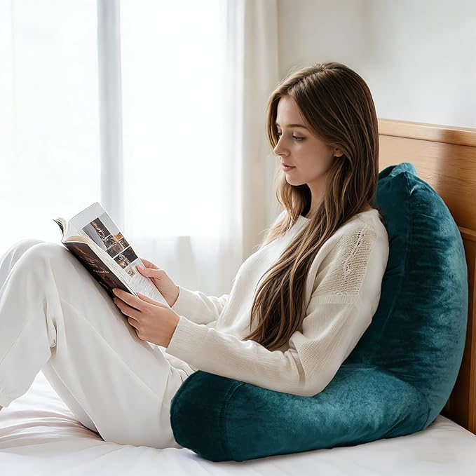 OAISZ Reading Pillow for Sitting in Bed Adult, Reading Pillow with Shredded Memory Foam, Bed Pillow with Washable Cover, Back Pillow Sitting Up with Extend Arms, Prussian Blue, X-Large