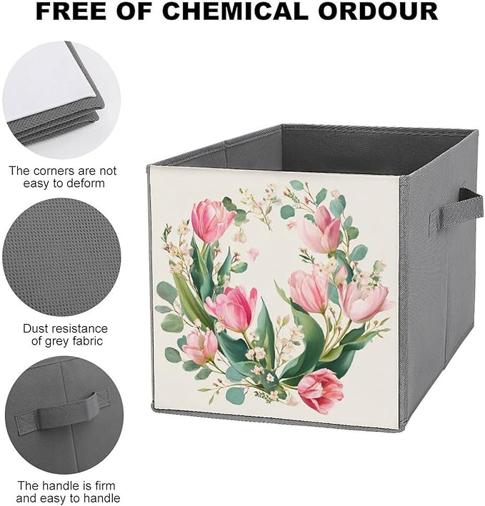Watercolor Floral Wreath with Pink Tulips Cube Storage Bins Storage Cubes Foldable Decorative Fabric Storage Baskets Home Organizers with Handles for Shelves,Closet, 10.6 X 10.6 Inch
