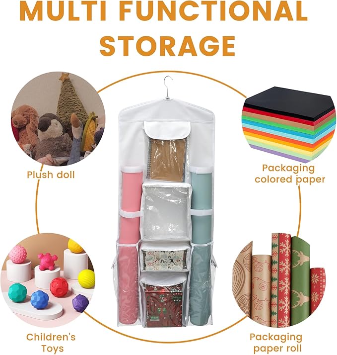 Wrapping Paper Storage - Double-Sided Hanging Wrap Organizer, Compartmental Wrap Organizer Holder, Wrapping Paper Storage Containers, Behind The Door Storage for Kitchen Bedroom Closet (White)