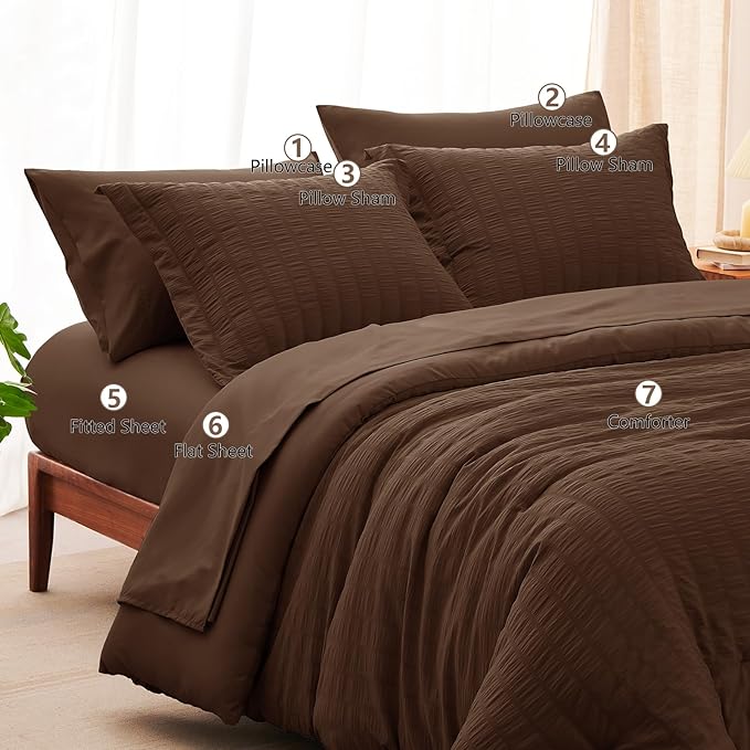 CozyLux Full Size Comforter Sets with Sheets 7 Pieces, Brown Seersucker Bed in a Bag Textured Luxury Soft Bedding Sets with Down Alternative Comforter, Sheets, Pillowcases & Shams for All Seasons