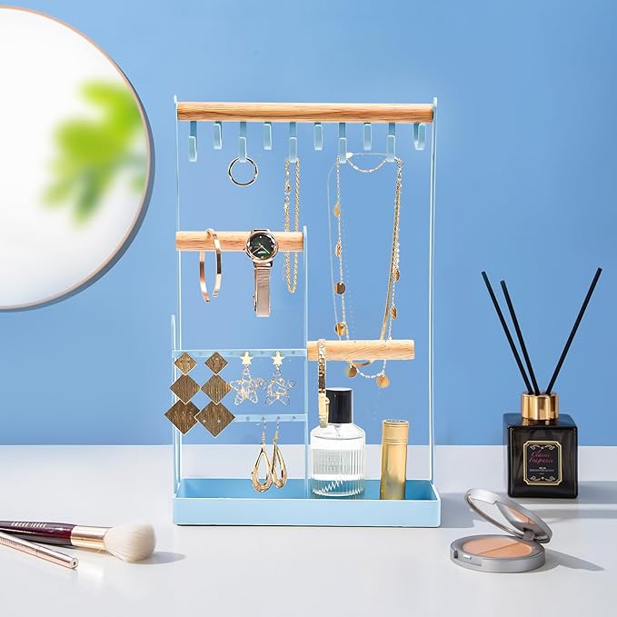 ProCase Jewelry Stand Holder Organizer, 4-Tier Necklace Holder with Ring Tray, 10 Hooks Necklaces Hanging Small Jewelry Display Storage Tower Tree for Bracelets Earrings Watches -Medium, Blue
