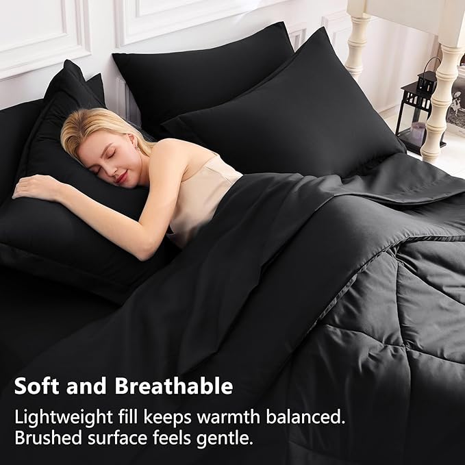 CozyLux Oversized Queen Comforter Set Black - 7 Pieces Bed in a Bag Comforter Set with Sheets, Luxury Soft Bed Set All Seasons, Bedding Set with Down Alternative Comforter, Sheets, Pillowcases & Shams