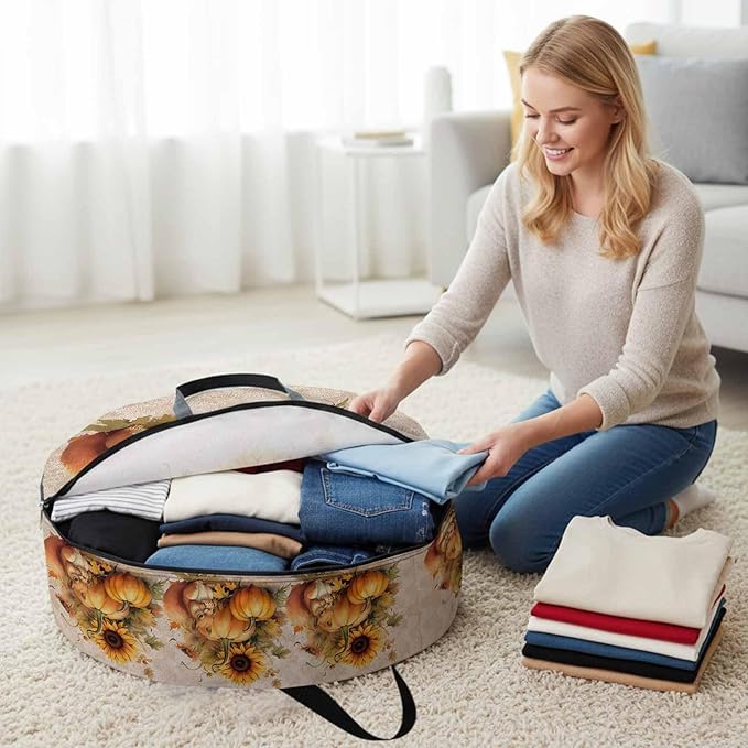 Thanksgiving Sunflowers Round Storage Bag 36 Inch, and Pumpkin with Squirrel Beige Clothes Storage Container with Handles Heavy Duty Organizer for Comforter, Bedding & Holiday Wreaths