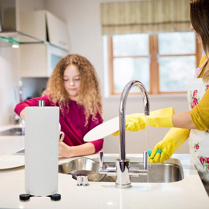 TOPKITCHEN 2 Pcs Stainless Steel Countertop Paper Towel Holder, Heavy Duty Weighted Base with Suction Cups, Free Standing Kitchen Roll Holder for Wall or Table