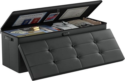 DocSafe Storage Ottoman Bench,Fireproof＆Waterproof Folding Bench with Lock(15”x 43”x15”),Leather Storage Chest with Handles＆2 Extra Boxes,Ottoman Safe for Bedroom,Living Room,Home Office,Black