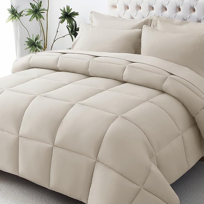 JOLLYVOGUE Full Comforter Set, Ultra-Soft Bed in a Bag Full Size 7 Pieces, Oeko-TEX Certified Bedding Set with Down Alternative Comforter, Sheets, Pillowcases & Shams, Oatmeal