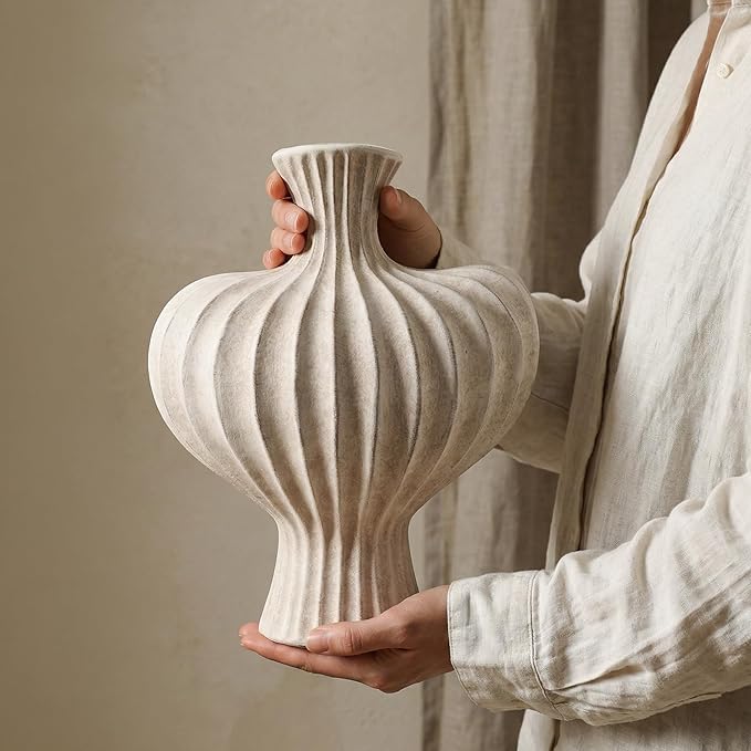 Ceramic Flower Vase Home Decor,11" Rustic Vintage Clay Beige Heart Terracotta Vases Farmhouse Table Vases Living Room Decor Pottery Pots for Home Shelf Coffee Dining Desk Fireplace