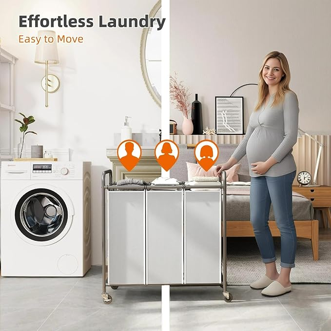 ROMOON Laundry Sorter Hamper 3 Section, Divided Laundry Basket Organizer with Heavy Duty Lockable Wheels and Removable Bags, Rolling Clothes Hamper for Apartment, Dorm & Family (130L Neutral Gray)