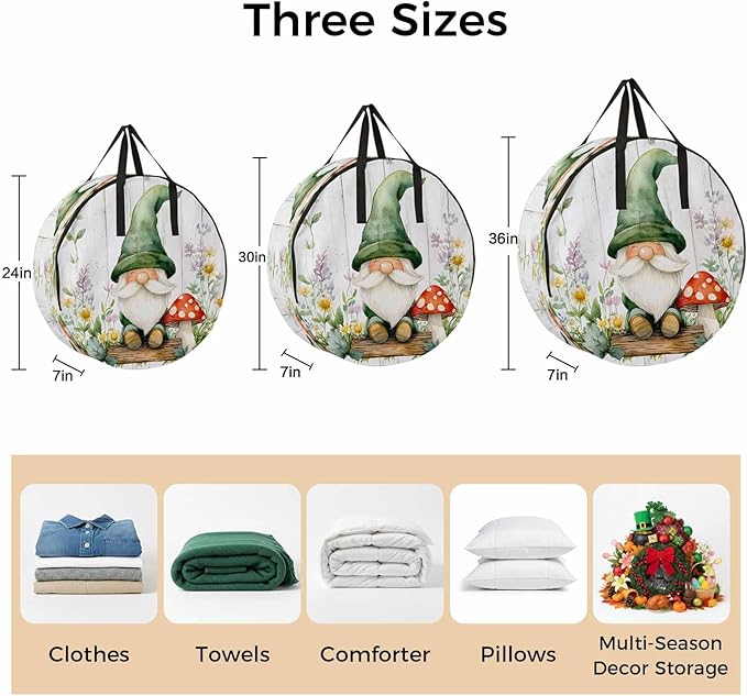 Spring Round Storage Bag 36 Inch, Country Green Gnome Mushroom Floral Retro Wood Grain Clothes Storage Container with Handles Heavy Duty Organizer for Comforter, Bedding & Holiday Wreaths