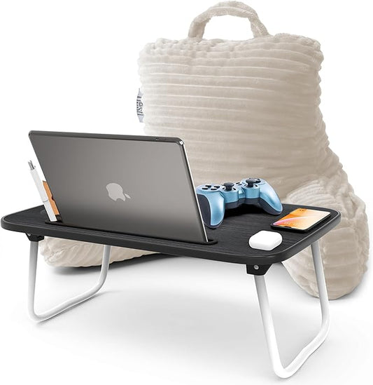 Nestl Linen Reading Pillow with Bed Desk for Laptop and Writing, Luxe Cut Plush Back Pillow for Sitting Up, Back and Arms Adjustable Support for Kids and Teens, Foldable Lap Desk for Bed 19x11”