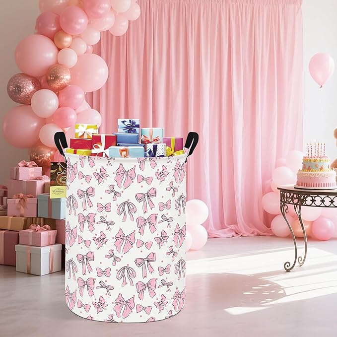 HUNRUNG Collapsible Fabric Storage Basket, Waterproof Laundry Hamper with Handles, Round Storage Bin for Clothes Toys, Foldable Organizer for Bedroom Nursery Bathroom(Round-Pink Bow)