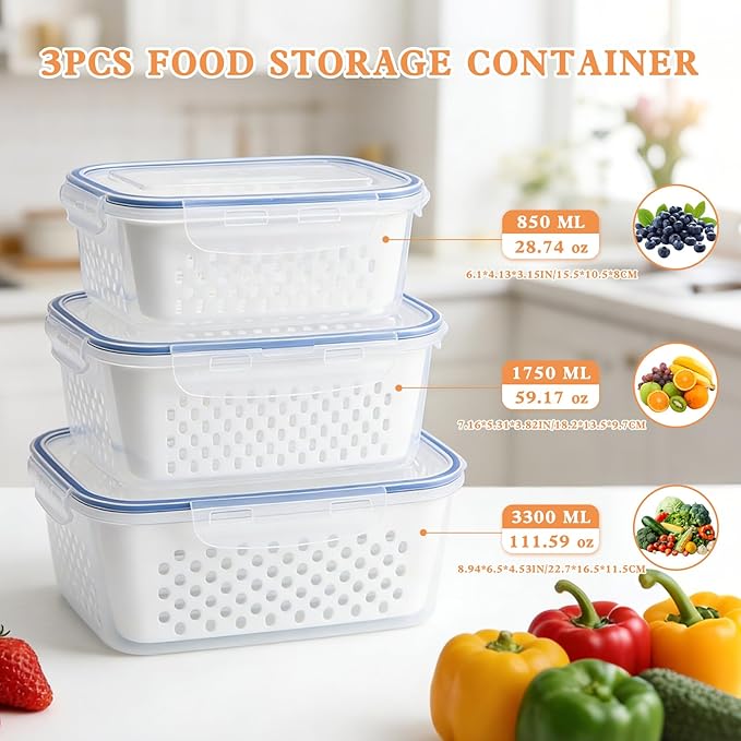 4 in 1 Food Storage Container, 3Pcs Fruit Storage Containers for Fridge with Removable Colanders, Produce Keeper Containers for Fridge with Lid and Strainer