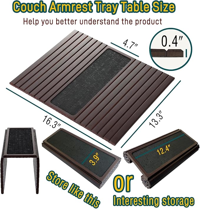 Bamboo Couch Arm Tray Table with Anti-Slip Cork Pad，Foldable Sofa Armrest Tray Table for Couch，Flexible Couch Arm Cup Holder，Portable Sofa Arm Chair Table for Drink, Snacks, Phone, Remote (Mahogany)