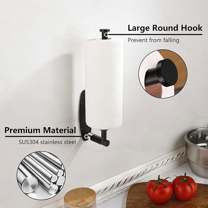 Single Hand Operable Paper Towel Holder Under Cabinet with Damping Effect, Self Adhesive Paper Towel Roll Holder Wall Mount for Kitchen Bathroom, SUS304 Stainless Steel, Black