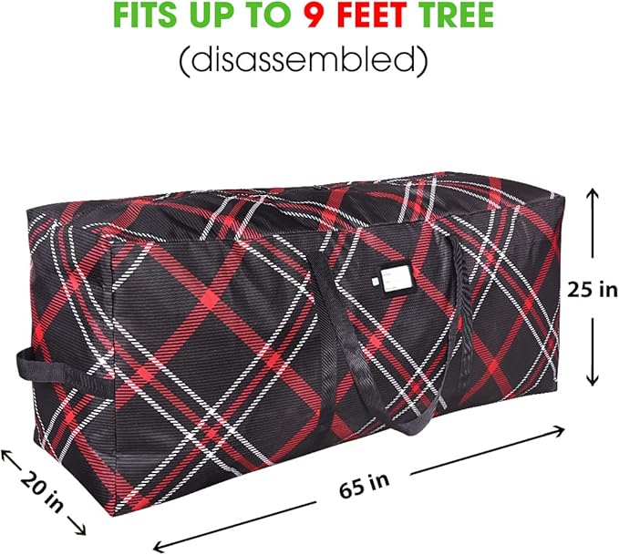 Christmas Heavy Duty Tree Storage Bag | Fits Up to 9 Ft. Tall Disassembled Xmas Tree | 25" X 20" X 65" | Durable 600D Oxford Material | Heavy Duty Holiday Storage Container (Plaid, 9ft)