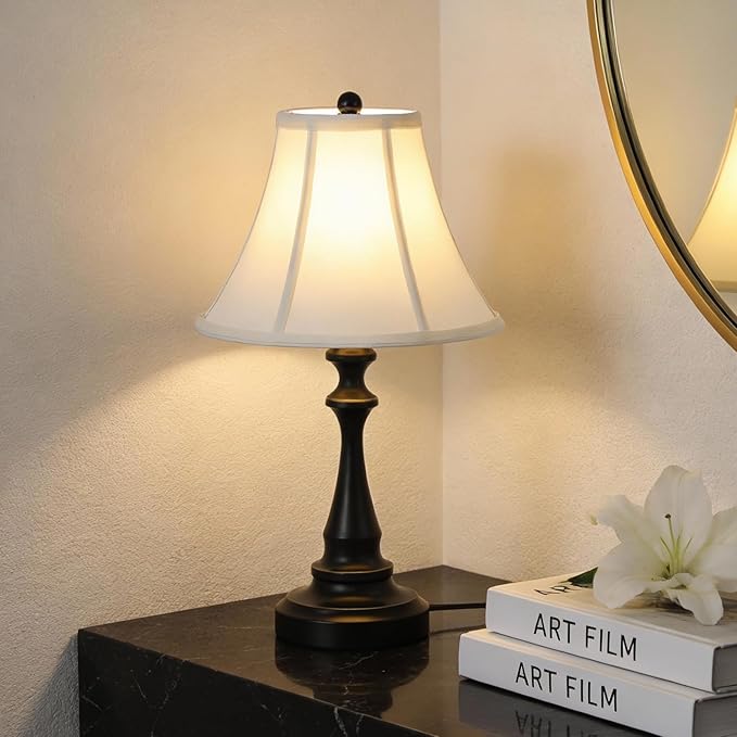 Traditional Table Lamp, Vintage Desk Lamp for Living Room with Fabric Shade, Farmhouse Bedside Lamp Black Finish for Bedroom Nightstand Office Hotel (Pack-01)