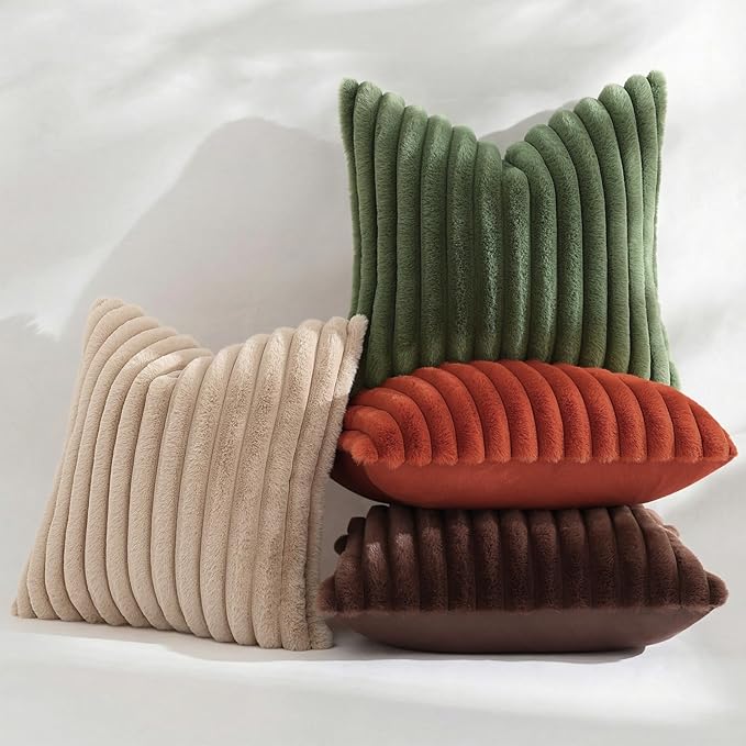 decorUhome Cozy Faux Fur Throw Pillow Covers 12x20 Set of 2 Decorative Soft Plush Striped Lumbar Modern Farmhouse Boho Couch Pillow Cases with Velvet Back for Sofa Bed Living Room, Rust