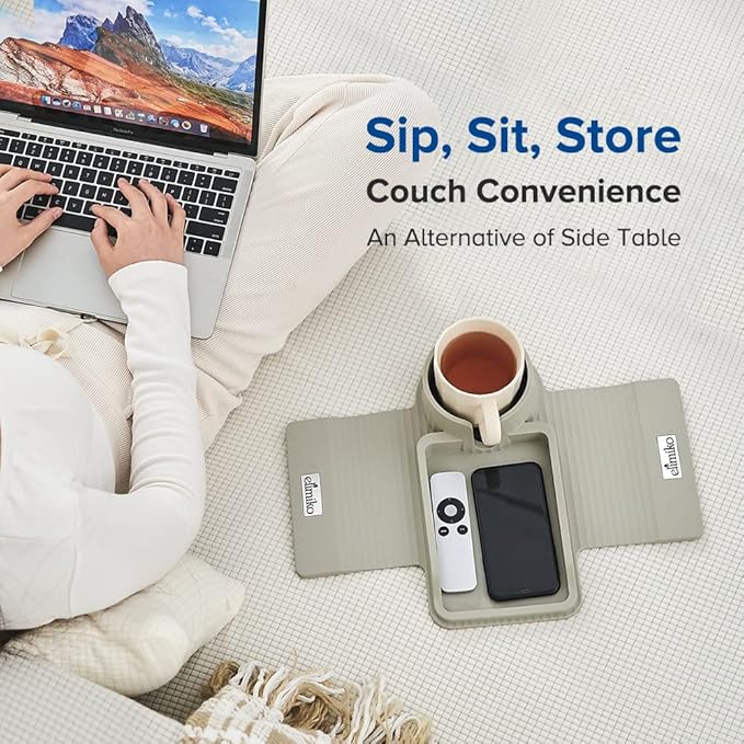 Couch Cup Holder Tray, Elimiko Silicone Sofa Drink Holder with Large Cup Holder and Tray, for Oversized Mugs/Long Remote/Snacks/Cellphone (Griege)