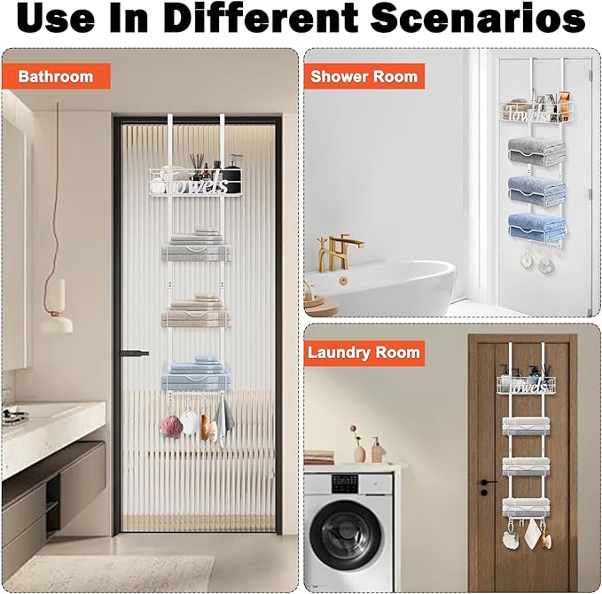 HarJue Over The Door Towel Racks, No Drill Towel Storage with Basket & Hooks, Space-Saving Multi-Functional Towel Holder for Bathrooms, bedrooms, Apartments, RVs (White, 5 Tier)