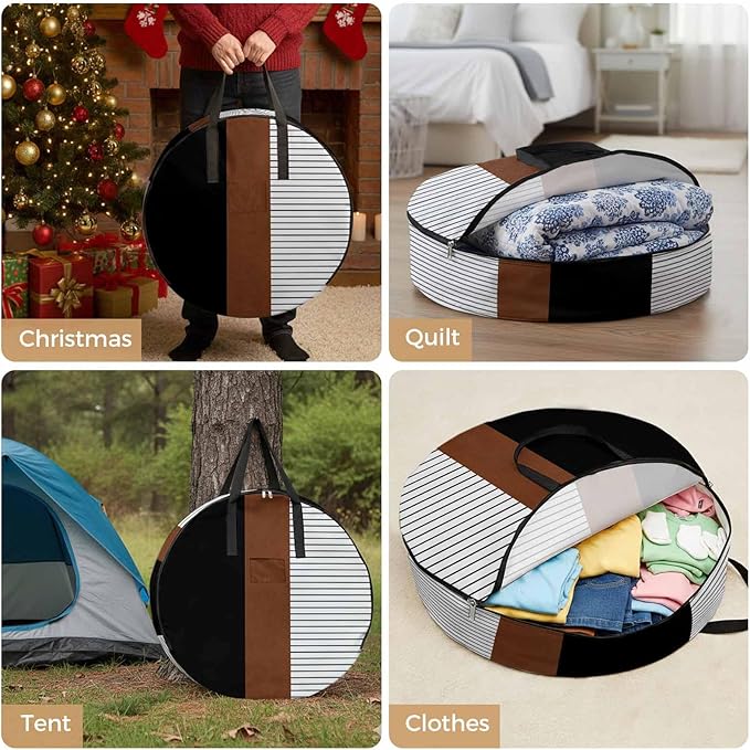 Storage Bag Brown Black Lines Round Storage Totes Bins Closet Organizers with Zippers & Handle Boho Style Clothes Storage Container for Bedroom Dorm Space Saving Packing Supplies Moving Bags