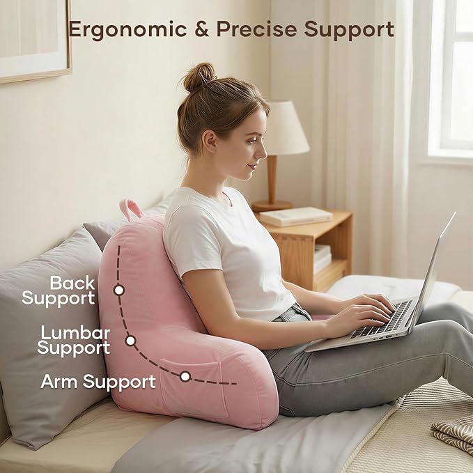 NOONTIDE Reading Pillow for Sitting up in Bed and Couch,Large Back Pillow for Adult & Teens with Soft Adjustable Neck Roll Backrest Pillow,Washable Cover,Watching TV/Gaming/Relaxing(Pink)