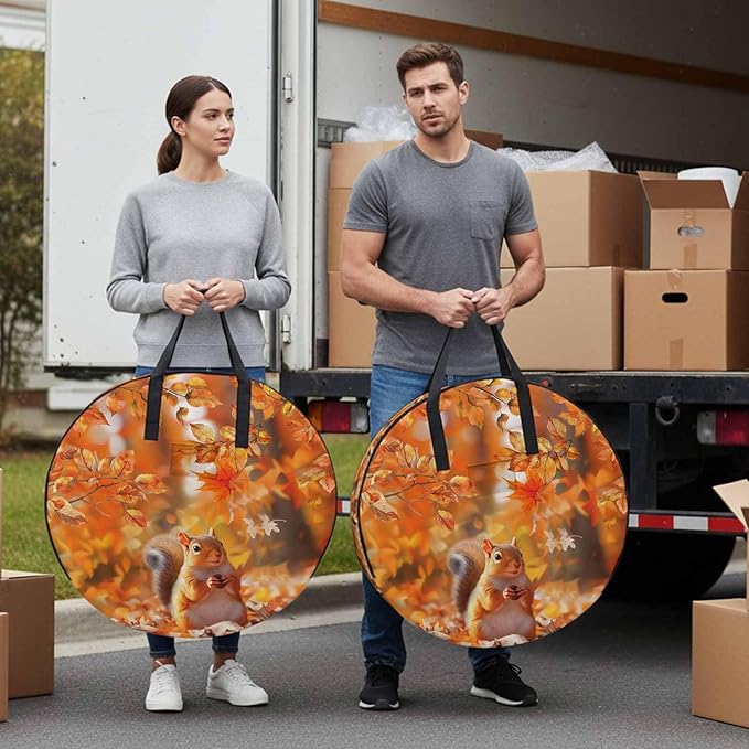 Orange Leaves and Squirrel Round Storage Bag 24 Inch, Fall Maple Leaf Thanksgiving Clothes Storage Container with Handles Heavy Duty Organizer for Comforter, Bedding & Holiday Wreaths