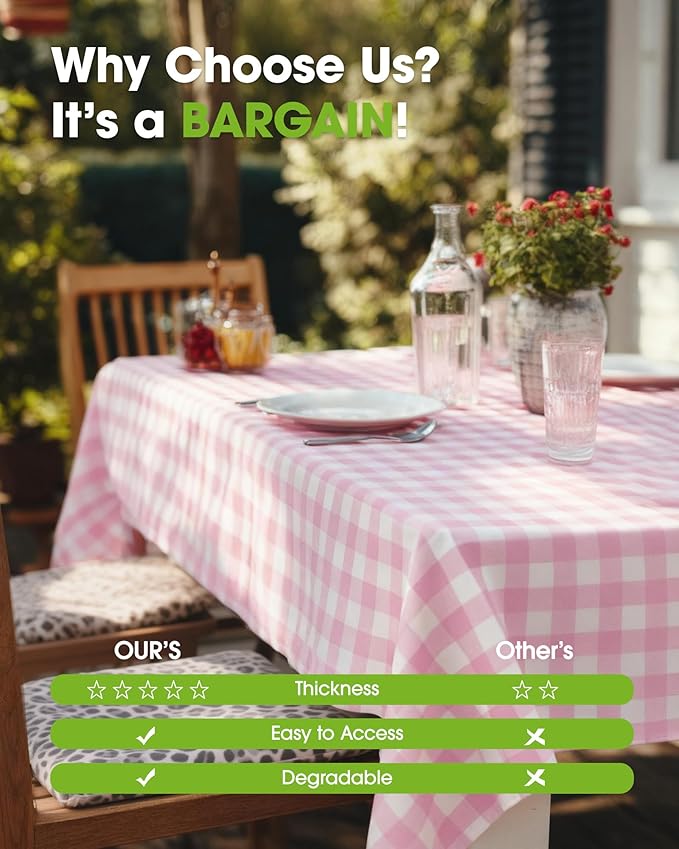 Pureegg Plastic Table Cloth Disposable 10 Pack, 54 x 108 Inch Table Cloths, Party, Picnic, Decorative Gingham Tablecloths, Rectangle, Pink and White Checkered Cover, Leakproof & Sturdy, Pink Plaid