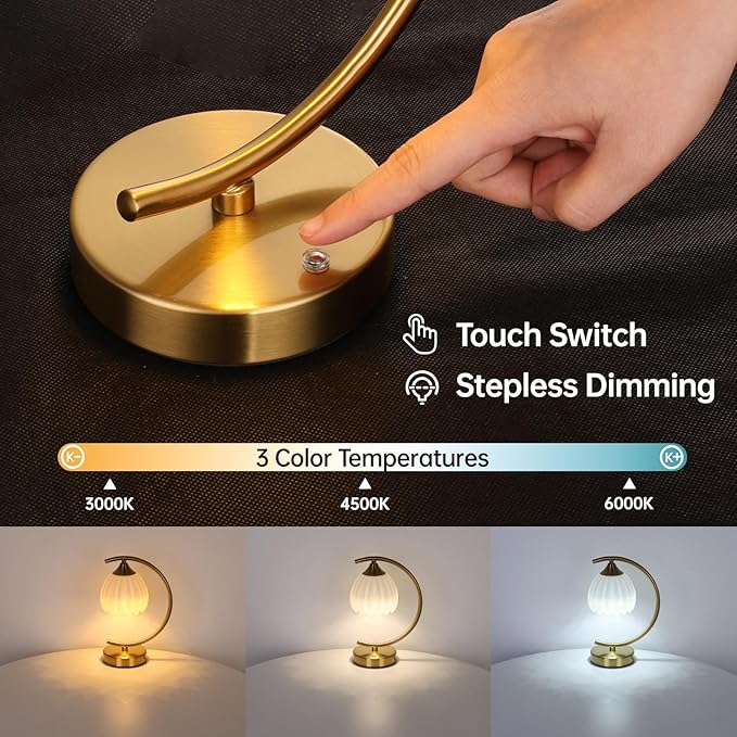 Shenmoyl Tulip Table Lamp, 5200mAh Cordless Touch Control Table Lamp with 3 Color Temps & Stepless Dimming, Rechargeable Battery Table Lamp for Living Room, Bedroom, Office, Shelf (White Tulip)