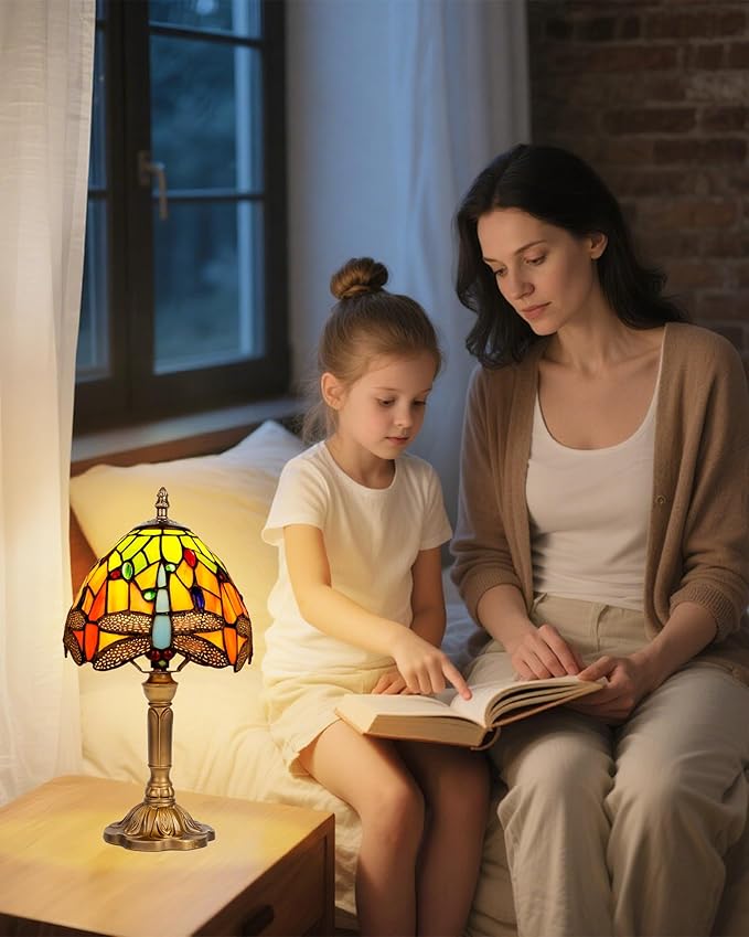 8" Tiffany Style Table Lamp, Dragonfly Small Stained Glass Night Lamp, Handmade Desk Bedside Antique Light for Living Room, Bedroom and Study, Ideal Art Gift for Family & Friends