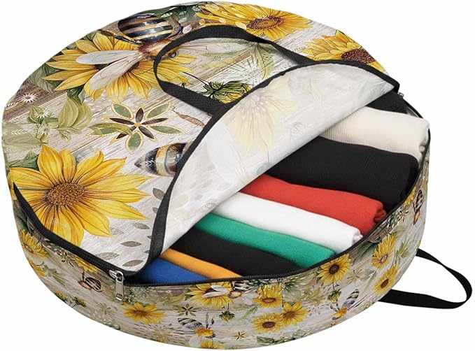 Summer Sunflower Bee Round Storage Bag 30 Inch, Yellow Floral Plants Wood Grain Rustic Clothes Storage Container with Handles Heavy Duty Organizer for Comforter, Bedding & Holiday Wreaths