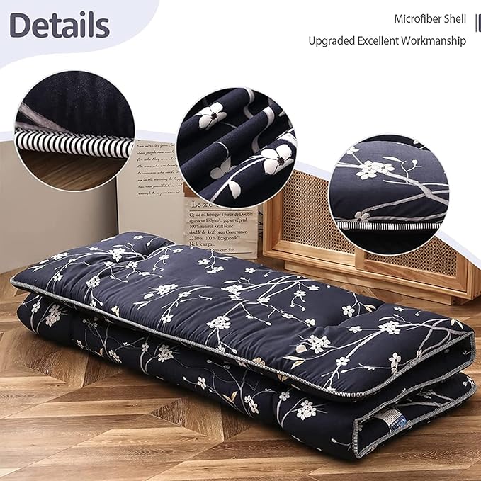 MAXYOYO Japanese Floor Mattress Navy Floral Printed Futon Mattress Foldable Floor Cushion Roll Up Camping Mattress Floor Lounger Queen Size Mattress