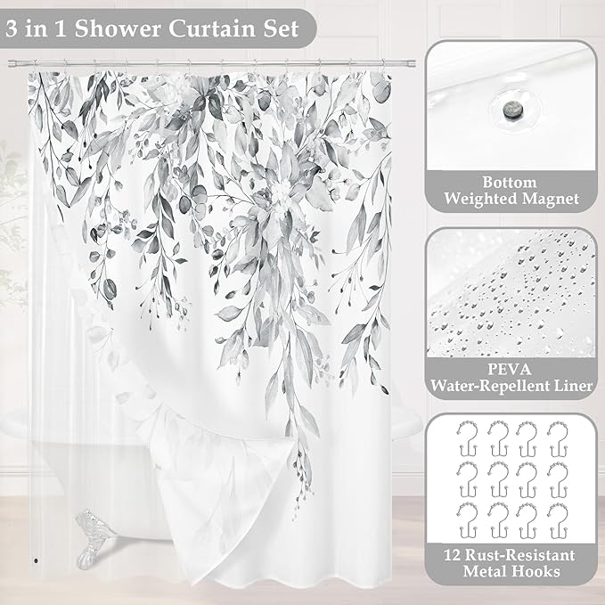 Gibelle 3 in 1 Shower Curtain Set, 72x72 Grey Eucalyptus Bath Curtain and PEVA Liner Set with 12 Metal Hooks, Waterproof Fabric Bathroom Curtain