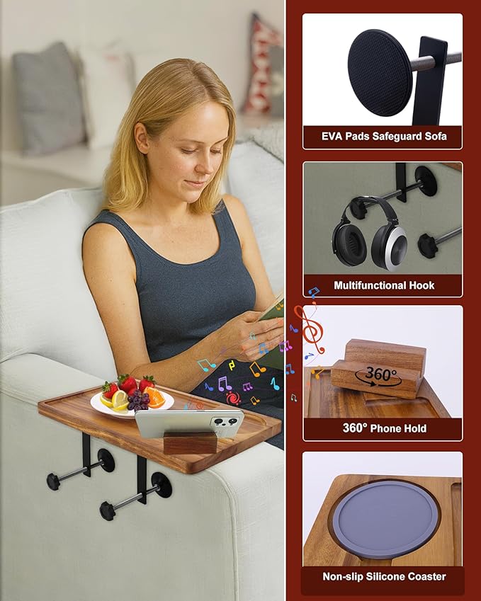 Couch Armrest Table, Acacia Wood Sofa Arm Tray with Adjustable Metal Clamp, Sofa TV Tray with Rotating Phone Holder for Snacks Drink Remotes, Include Blue Coaster