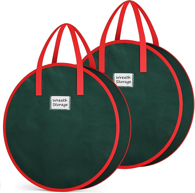 Criusia Wreath Storage Container, 2 Pack Christmas Wreath Storage Bag with Sturdy Handle, Two-way Zipper,Durable Wreath Storage Organizer Box for Holiday Decoration (Green, 30"x8")