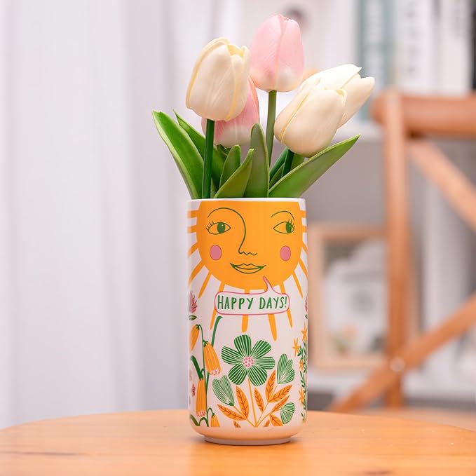 MOUGIGI Cute Small Ceramic Flower Vase-Colorful Boho Unique Round Design with Lively Smiley Patterns-Dopamine Decor Multi Use as Makeup Brush Holder, Pencil Pen Cup-Perfect for Weddings, Mother's Day