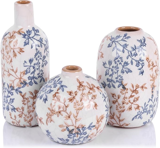 Cute Vase Matte Ceramic vases Set of 3 Blue, Modern Boho Vases for Decor Small vase,Centerpiece Table Decor japandi Home Decor Minimalist vase for Décor Room,Entryway, Bookshelf, Mantel, Shelf Décor